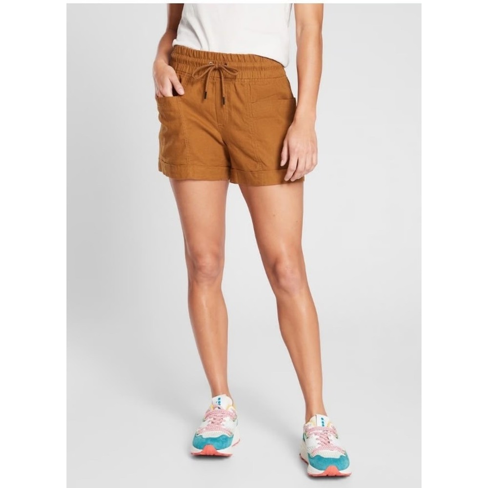 Athleta Cabo Linen 4" Shorts Elastic‎ Drawstring Cuffed Womens 8 Mustard Yellow